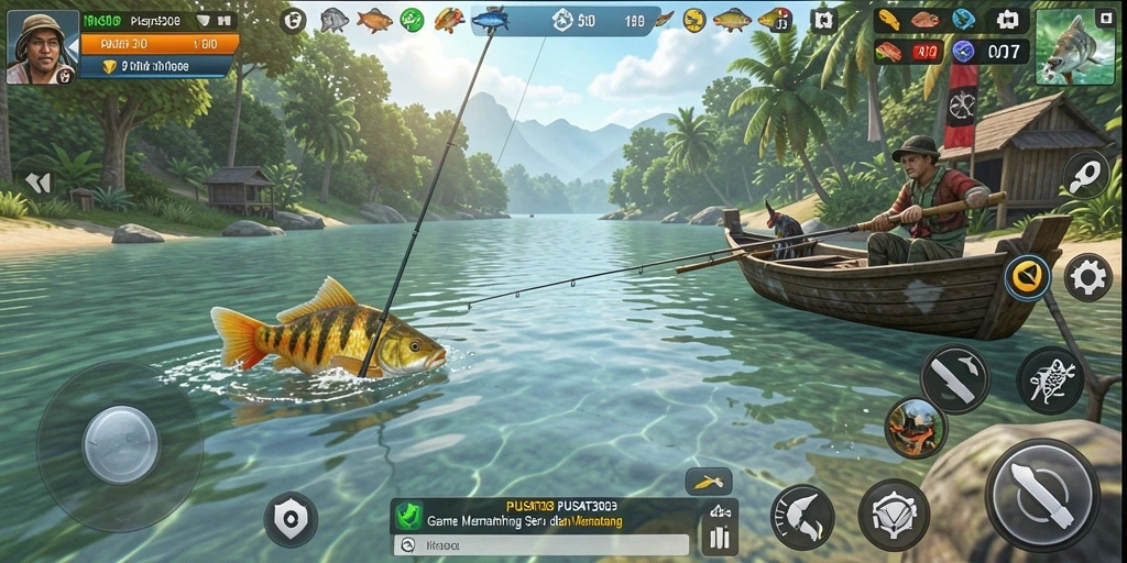 Screenshot PUSAT303 menampilkan aksi memancing yang seru dengan beragam pilihan ikan.