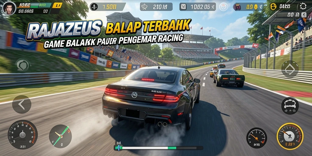 Screenshot gameplay RAJAZEUS yang menunjukkan aksi balap mendebarkan.