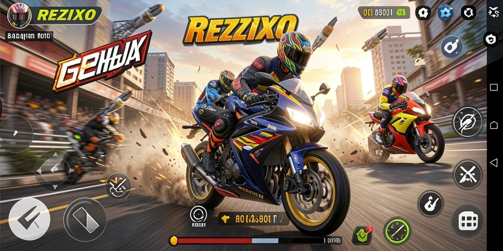 Tampilan gameplay balapan motor yang mendebarkan di REZIXO.