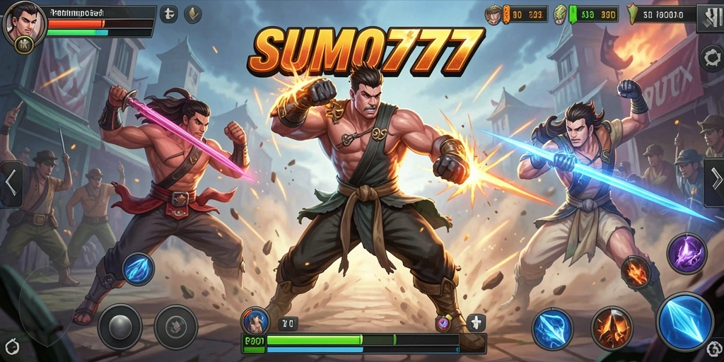 Screenshot gameplay SUMO777 menunjukkan aksi pertarungan yang intens.